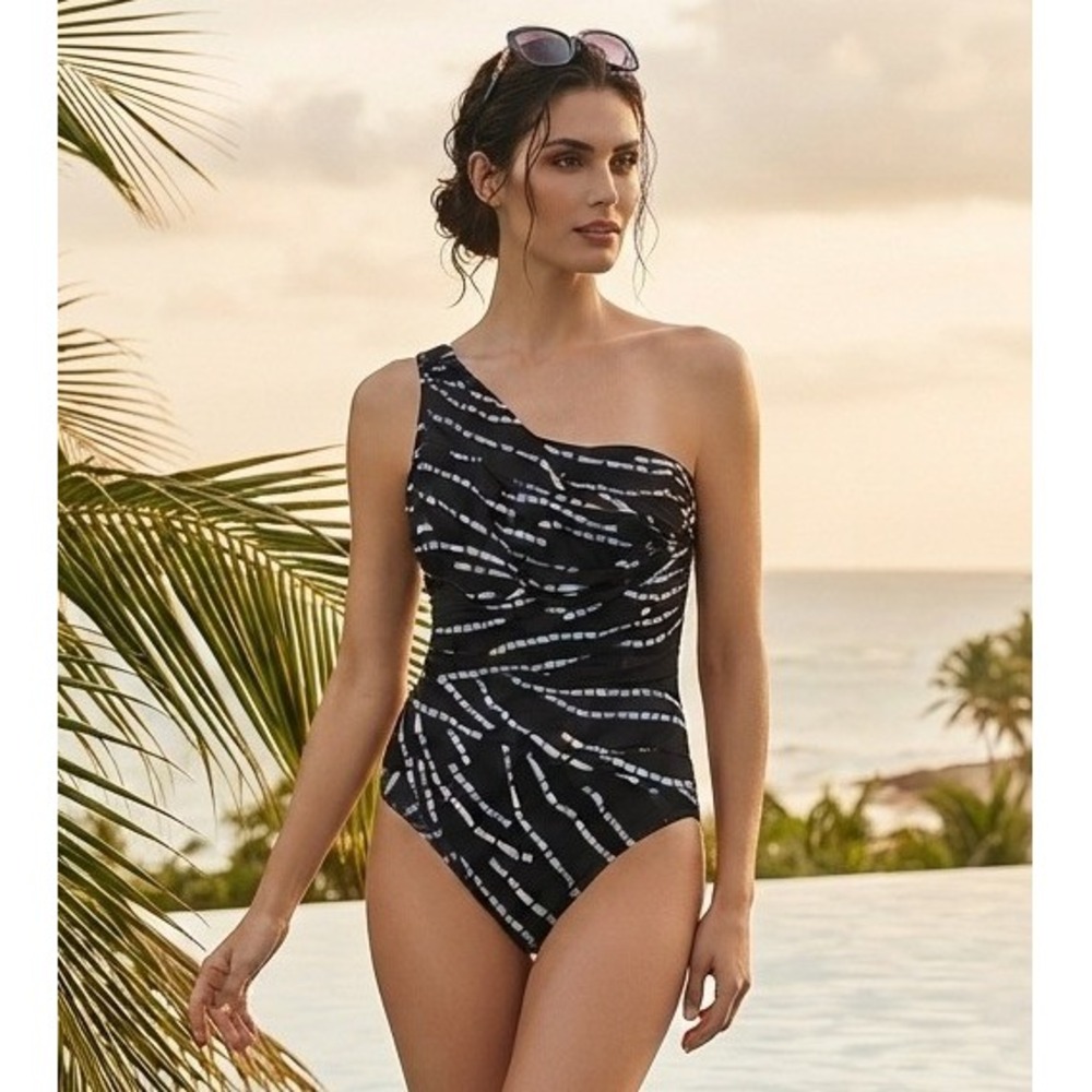 Miraclesuit One-Piece Swimsuit Women Black White One-Shoulder Ruched Good